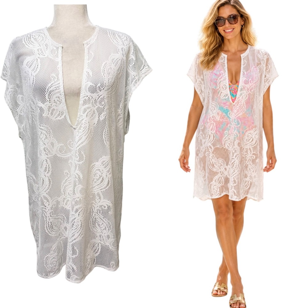 Lilly Pulitzer Coverup Dress Women XS White Lace Floral Sheer V-Neck Swim Topper